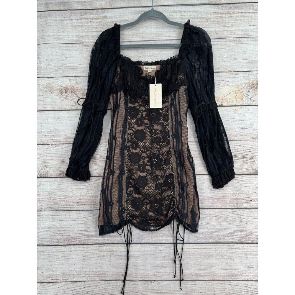 For Love & Lemons Black Lace Mini Dress with Nude Lining